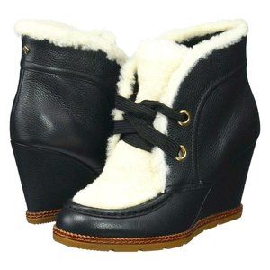 KATE SPADE NY SANDY BLACK LEATHER SHEARLING ANKLE BOOTS WEDGES SZ 8.5 NEW